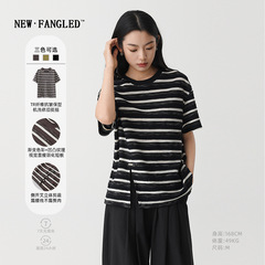 夏の竹節綿tシャツ女装日韓レトロ高級感衝突色太横縞半袖減齢ゆるい上着