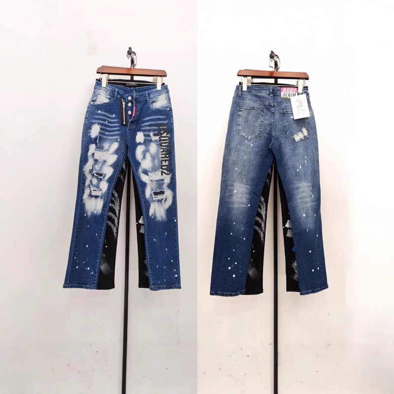 Light Luxury D2 High-Quality Splash-Ink Jeans for Men with Diagonal Zipper, Ripped Patches, Slim Fit, Skinny Leg, Printed, European and American Style