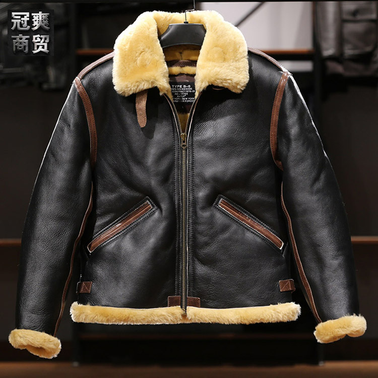 Avfly Goatskin B6 Fur One-Piece Bomber Jacket for Men and Women, Horsehide Spliced ​​Leather Jacket for Couples