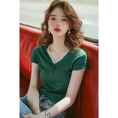 フランスの緑のゆるいレースのニットの半袖のtシャツの女性の夏は今年大衆の独特な小さい上着が流行します。