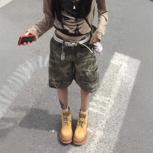 Vintage American Style Hot Girl Cowboy Camouflage Shorts for Women Summer Low-Waist Street-Rolling Straight Leg Military Green Work Pants Trendy