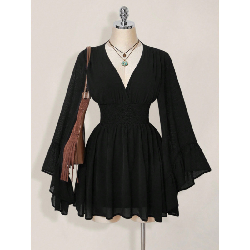 2026 European and American New Style V-Waist Dress with Bell Sleeves, Short Fashionable Chiffon Sexy Long-Sleeve Solid Color Dress 2026 European and American New Style V-Waist Dress with Bell Sleeves, Short Fashionable Chiffon Sexy Long-Sleeve Solid Color Dress