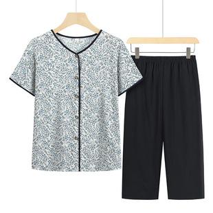 Middle-aged and Elderly Mother's Two-piece Set Small Floral Summer Short-sleeved Cardigan Outer Wear Artificial Cotton Cotton Silk Grandma suit Women