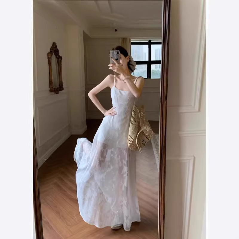 French Mint Green Suspender Dress for Women, Summer 2026 New Style Travel Wear, Seaside Resort Style Waist-Cinching Long Dress