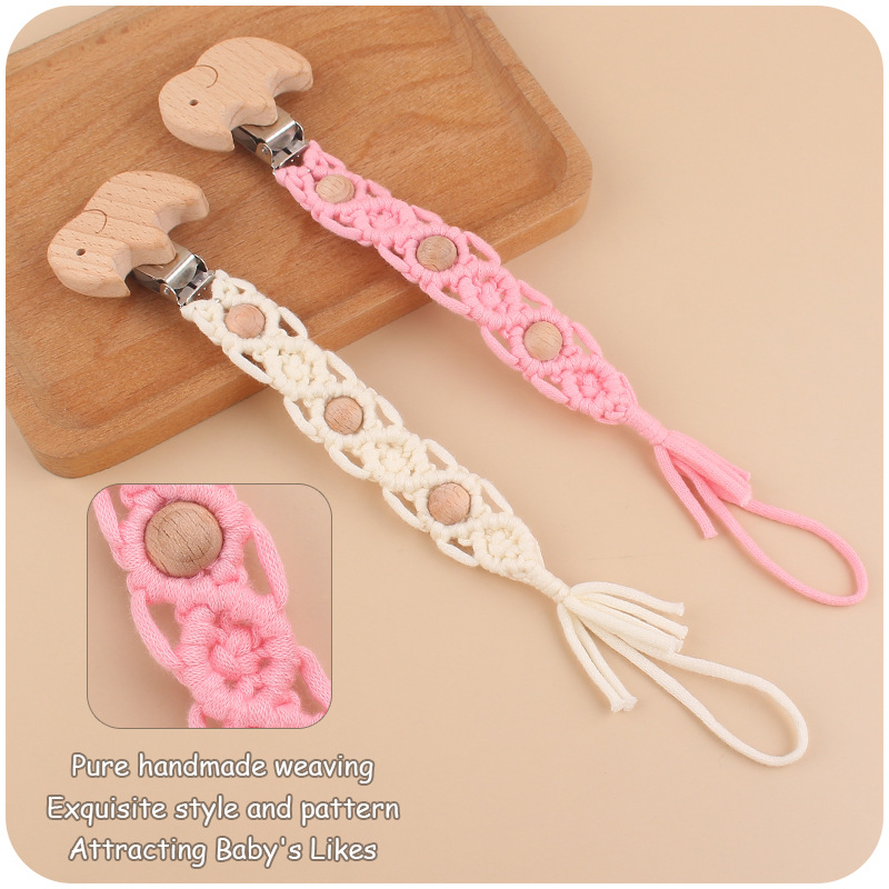 Bebé suministros de haya elefante chupete clip calmante DIY bebé creativo hecho a mano de algodón cuerda tejida chupete cadena