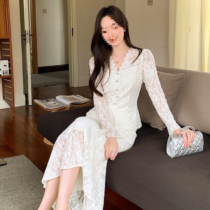 2025新款初秋季轻奢法式修身蕾丝拼接V领衬衫长裙套装女米杏色 高|undefined
