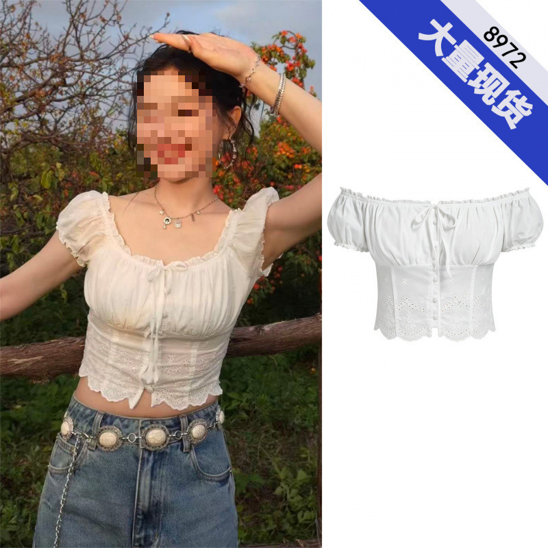 Jin Jing's same style white lace-up puff sleeve short shirt for women, summer French sweet style, hollowed-out slim-fit short top Jin Jing's same style white lace-up puff sleeve short shirt for women, summer French sweet style, hollowed-out slim-fit short top