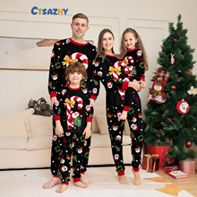 亚马逊欧美圣诞亲子装一家四五口家庭装拐杖圣诞老人背包印花睡衣