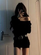钓系约会一字肩黑色韩系连衣裙女春秋新款气质辣妹御姐风包臀短裙