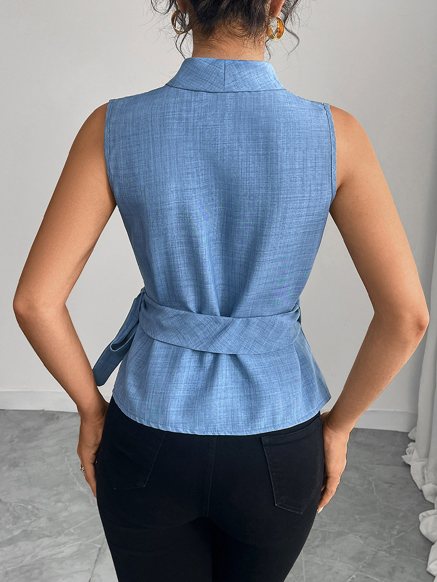 Chaleco de mujer estilo europeo y americano de Ruiqiu para comercio exterior transfronterizo de Amazon, verano 2025, elegante top sin mangas de color sólido con lazo.