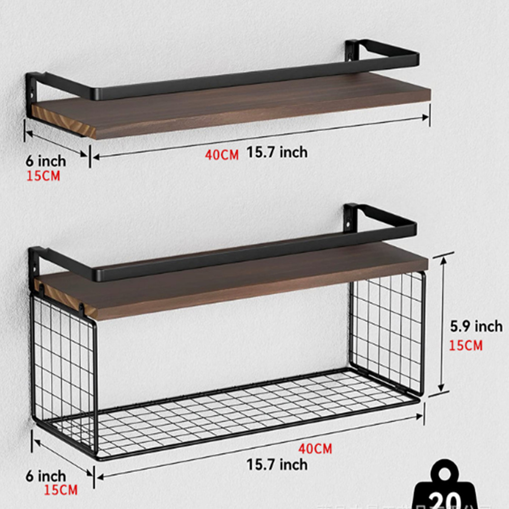 Estante flotante montado en la pared con cesta de almacenamiento estante de baño de madera soporte de metal estante de almacenamiento rack de almacenamiento en stock
