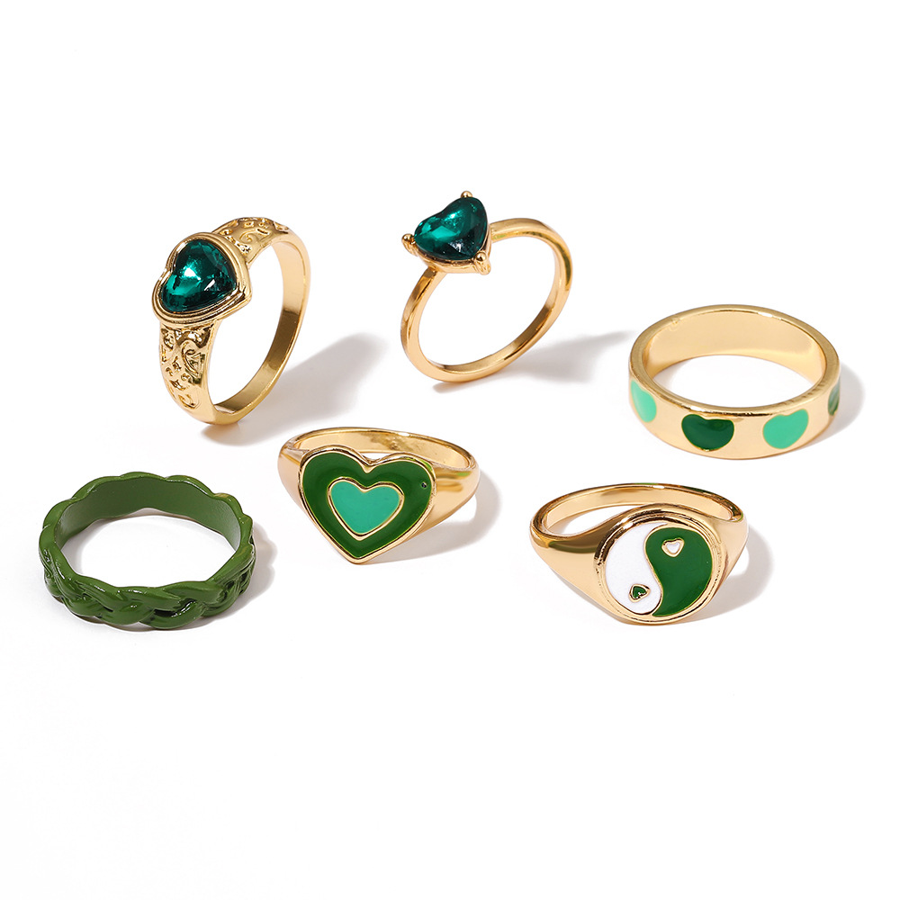 inlaid rhinestone heart ring wholesale Tai Chi love drop oil ring set of 6picture2