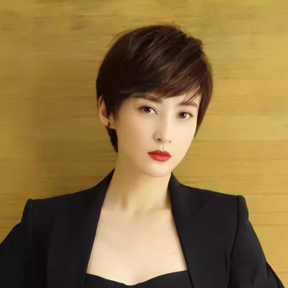 Short Hair Wig for Women, Unisex, Stylish, Age-Reducing Hairstyle, Fashionable, Natural, Fluffy, Curly Bangs, Real Hair Wig Set