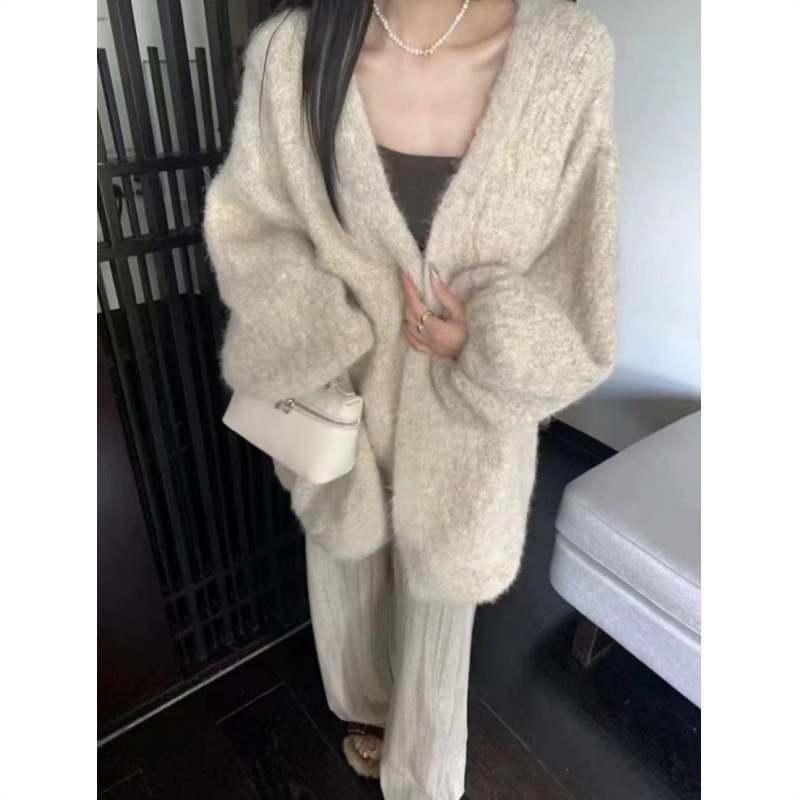 大版秋冬韩系高级感绿色显白灯笼袖针织开衫慵懒风显瘦毛衣外套女|undefined