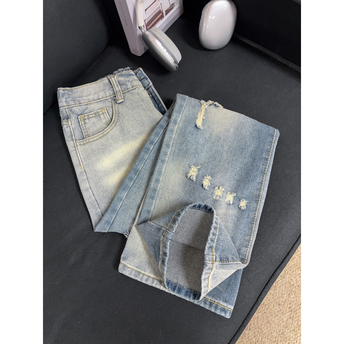 Men's Ripped Jeans High Street Style Slightly Flared Straight Leg Pants Trendy Brand Versatile Summer Design Wasteland Look_mkmklike.com
