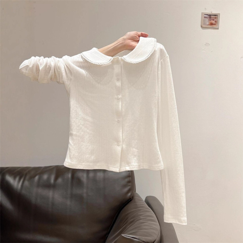 White Doll Collar Long-Sleeved T-Shirt Women's Inner Layering Shirt 2025 Autum New Cardigan Design Slim Top