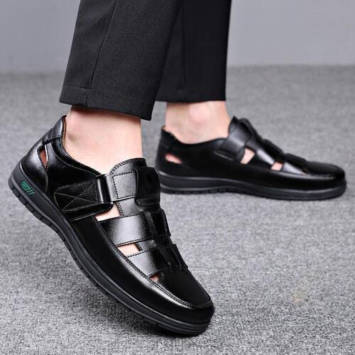 [100% Real Soft Leather] Summer Hollow Leather Shoes Men's Casual Sandals Breathable Crocs Sandals