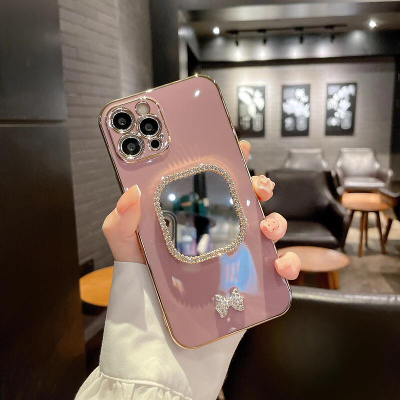 17Promax Rhinestone Butterfly Mirror Iphone14Pro Electroplated Makeup Mirror Suitable for 15 Mirror Case 16Pro Set 12