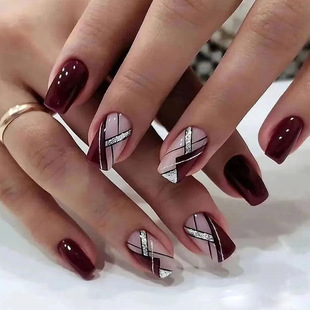 Mid-Length European Square Burgundy Glitter Line Manicure Fashion Sexy Fake Nails European and American Ins Style Finished Product Detachable