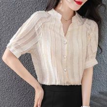 夏季气质百搭蕾丝雪纺短袖衬衫女缕空设计空调上衣宽松立领防晒衣