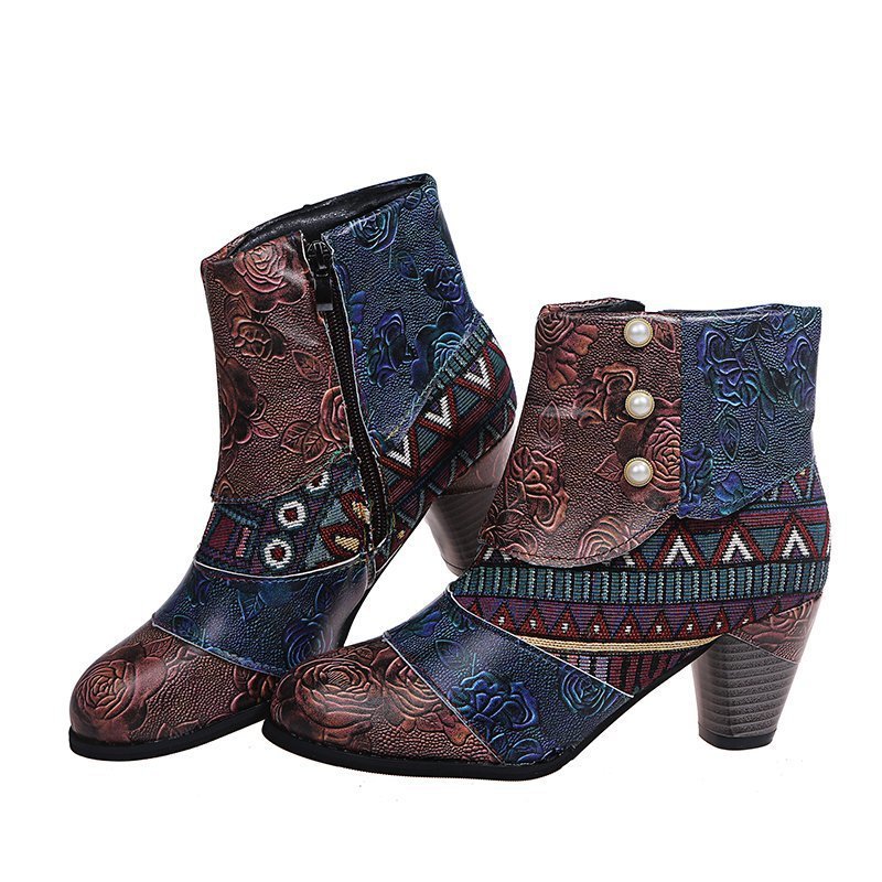 Bottes courtes ShoeVault Cross-Border grandes tailles pour femmes, collection hiver 2021, style ethnique patchwork, bottines Martin à boutons et talons épais._voghion.com