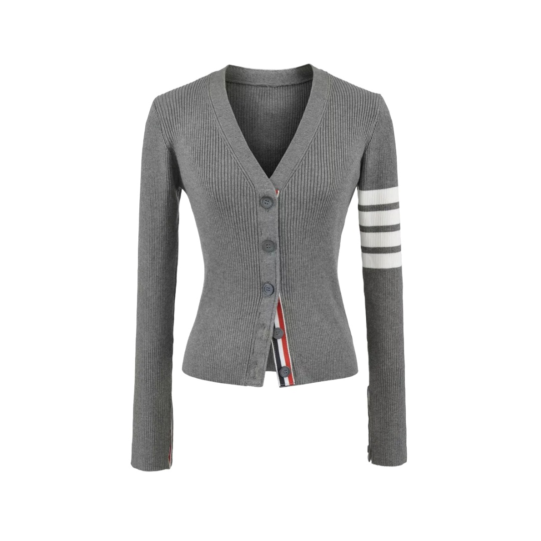 Retro Slim V Neck Single-Breasted Long-Sleeved Knitwear for Women, Design Long-Sleeved Stripesd Contrasting Slim Cardigan Top