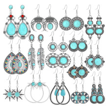 欧美绿松石耳环新款波西米亚流苏耳坠几何合金复古气质夸张耳饰品