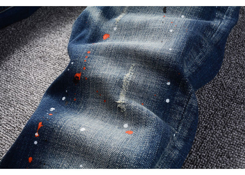Men's Retro Blue Washed Jeans | Splatter Paint & Ripped Detail | Relaxed Straight Leg Denim Pants Comfortable Straight Leg Fit_viptrois.com