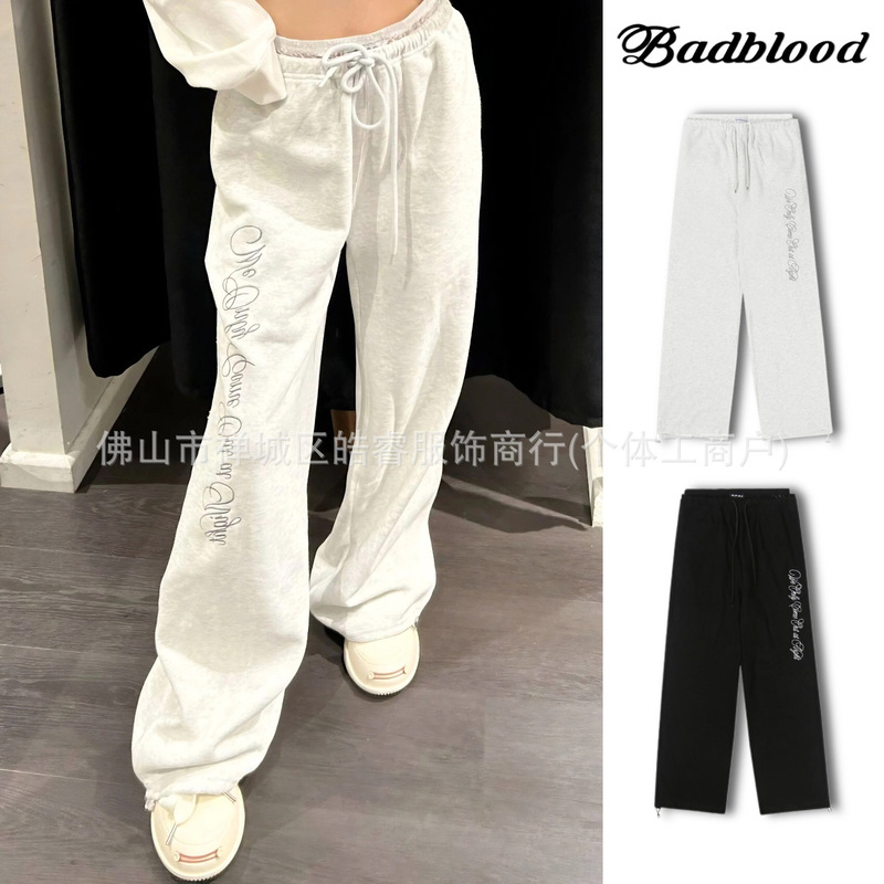 [in Stock] Korean Badblood Lace Embroidered Two-In-One Pants Unique Straight-Leg Casual Sweatpants for Women Spring