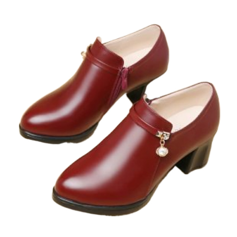 Zapatos de mamá zapatos de una sola capa zapatos de mujer cuero suave inferior suave tacón medio primavera y verano de mediana edad y ancianos Punta redonda cómodos zapatos de cuero de tacón grueso