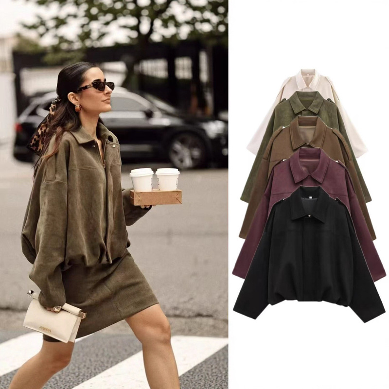 Cross-Border Foreign Trade Women's Clothing 2025 Spring New Style Fashionable Batwing Sleeve Design Zipper Suede Texture Jacket Cross-Border Foreign Trade Women's Clothing 2025 Spring New Style Fashionable Batwing Sleeve Design Zipper Suede Texture Jacket