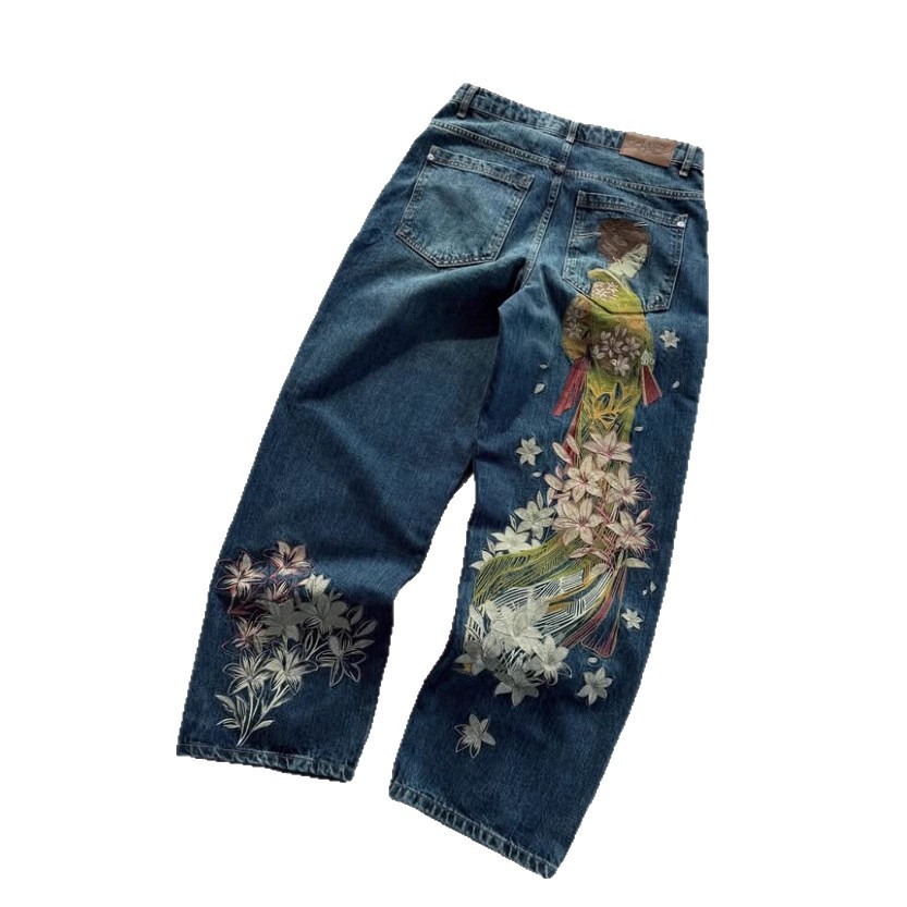 European American Cross-border Casual Pants With Plum Blossom Embroidery, Street-style Jeans, Loose Wide-leg Pants,_ecoleips.com