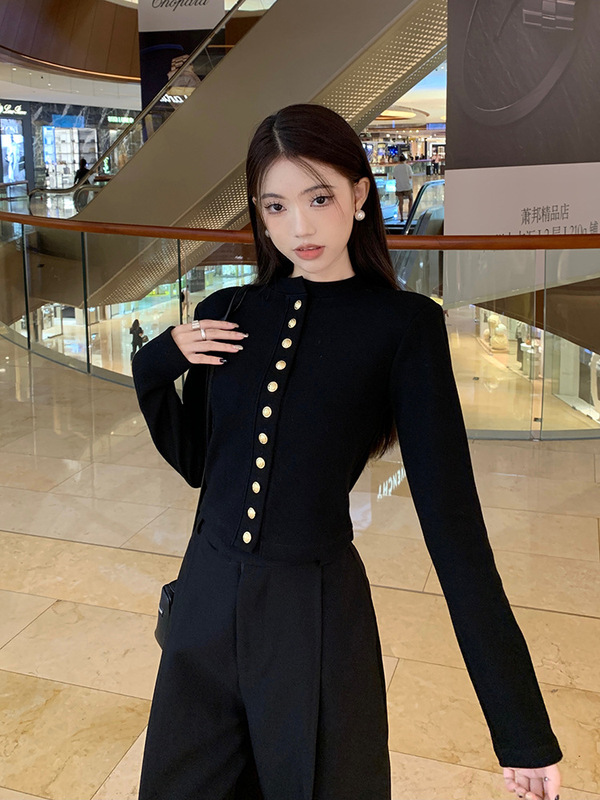 【工場現物】黒い香風コート女性秋上着修身セーター長袖ショートニットカーディガン|undefined