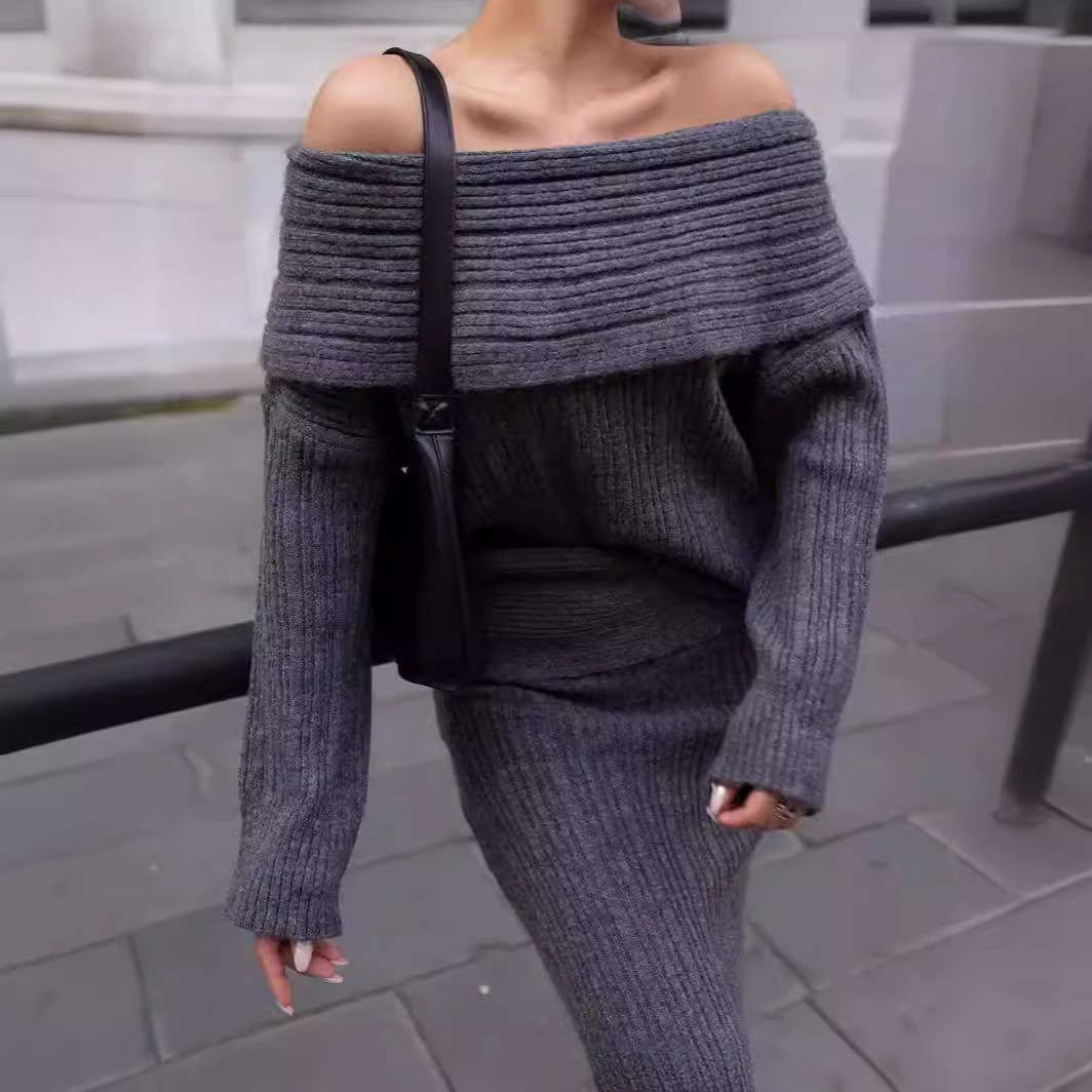 Women's Fashion Off-Shoulder Knit Sweater Two-Piece Set Long Sleeve Loose Fit Solid Color Casual Outfit_voghion.com