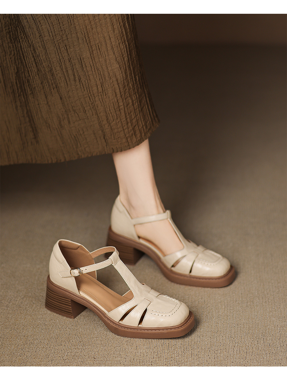 Sandal nữ quai hậu da thật dệt kiểu retro, gót dày, mũi nhọn, đế mềm — Màu trắng nhạt chi tiết 7