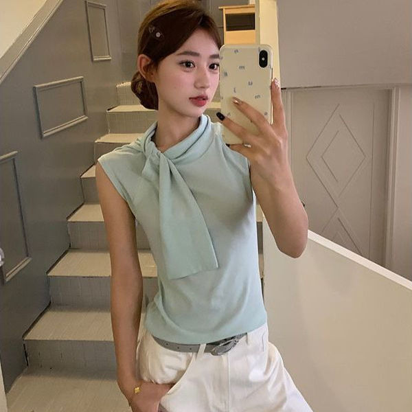 [260g Rayon Modal] Strappy Stand-Up Collar Sleeveless T-Shirt Summer New Slim Design Korean Style Top