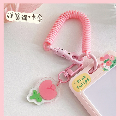 Tulip Card Holder Elastic Cord Student School Card Bus Meal Card Protective Cover Keychain Work Card ID Cover Cute Female