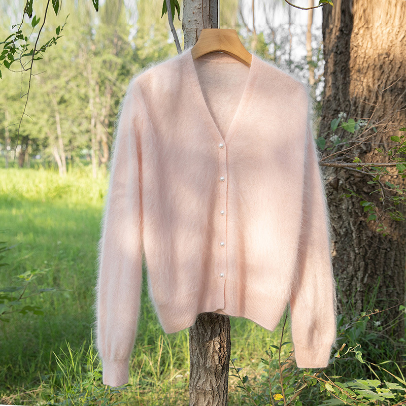 V-Neck 100% Pure Cashmere Knitted Cardigan with Pearl Buttons, Loose Fit, Slimming Effect, Long-Sleeve Single-Breasted Jacket for Women