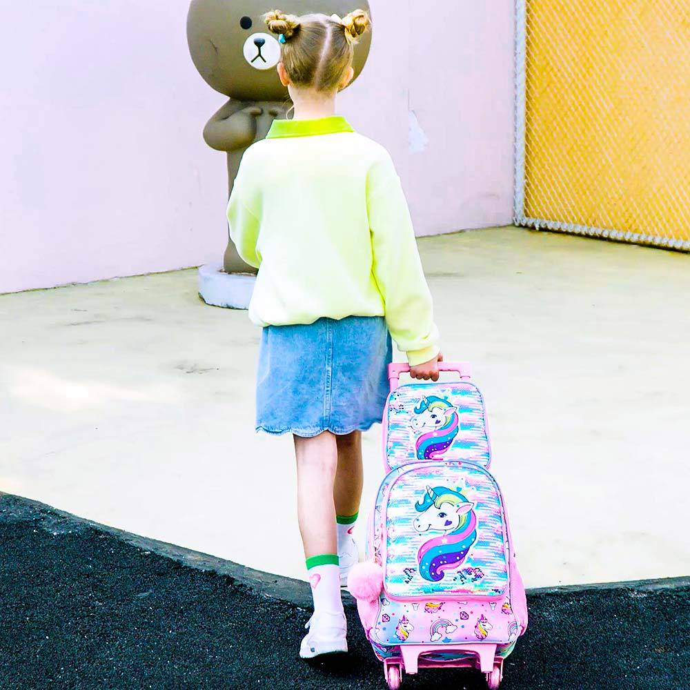 Fabricante 2025, nueva mochila escolar con carrito para estudiantes de primaria, conjunto de mochila de tres piezas con dibujos animados para niños de 3 a 6 grados en stock