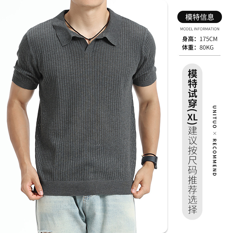 Europa y los Estados Unidos transfronterizos hombres de verano V-collar agujero hielo tejido polo camiseta alta sensación delgada con solapa transpirable mangas cortas