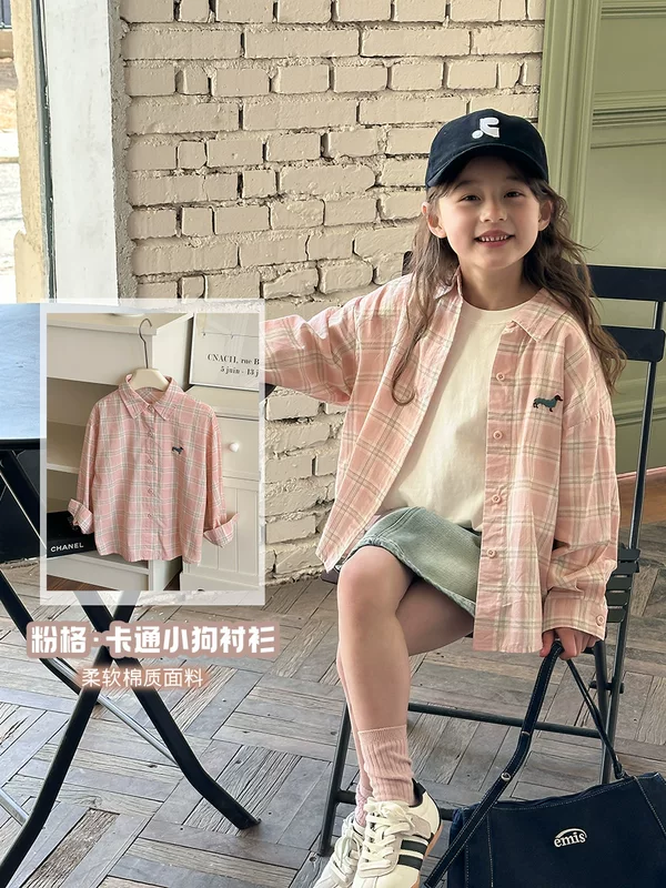 Spring fuchsia cartoon shirt, children's clothing, Korean style, with embroidery