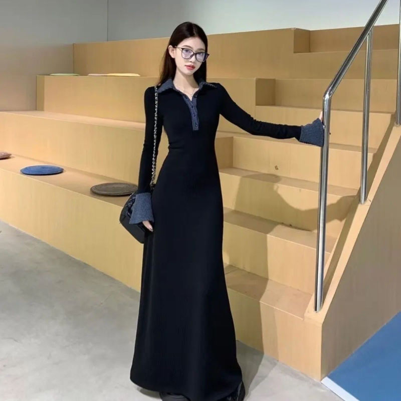 黑色拼接Polo领连衣裙女秋冬季新款长袖收腰裙子复古气质a字长裙|undefined