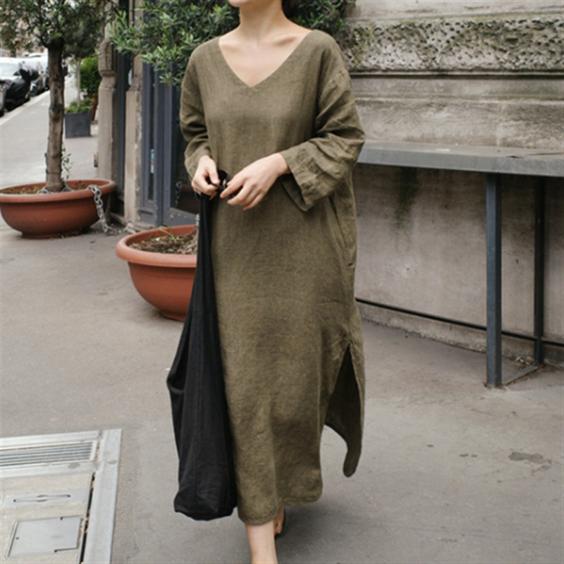 6850韩国新款春夏宽松显瘦长袖V领棉麻连衣裙女长款复古大码长裙