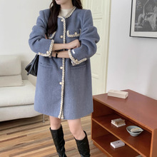 6505韩版中长款小香风贵妇名媛风兔绒羊毛大衣女设计师款毛呢外套