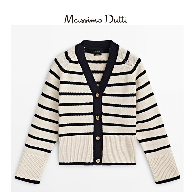 Clearance Items, No Returns or Exchanges: Massimo Dutti Women's V-Neck Striped Knit Cardigan Sweater