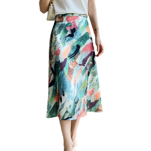 Spring and Summer 2025 New Oil Painting Style A-line Skirt for Women, Elegant Drape Knee-length Medium-length Skirt, Retro High-waisted Semi-skirt