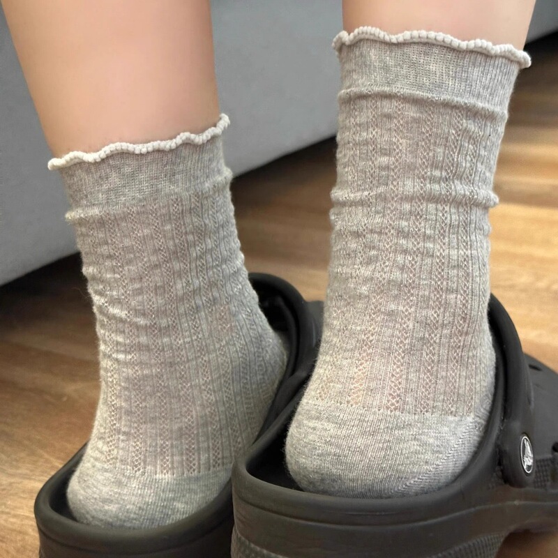 Wood Ear Edge Solid Color Mesh Hollow Socks Women's Mid-length Socks Instagram Trendy Pure Cotton Summer Thin Ballet Style Stocking Women's