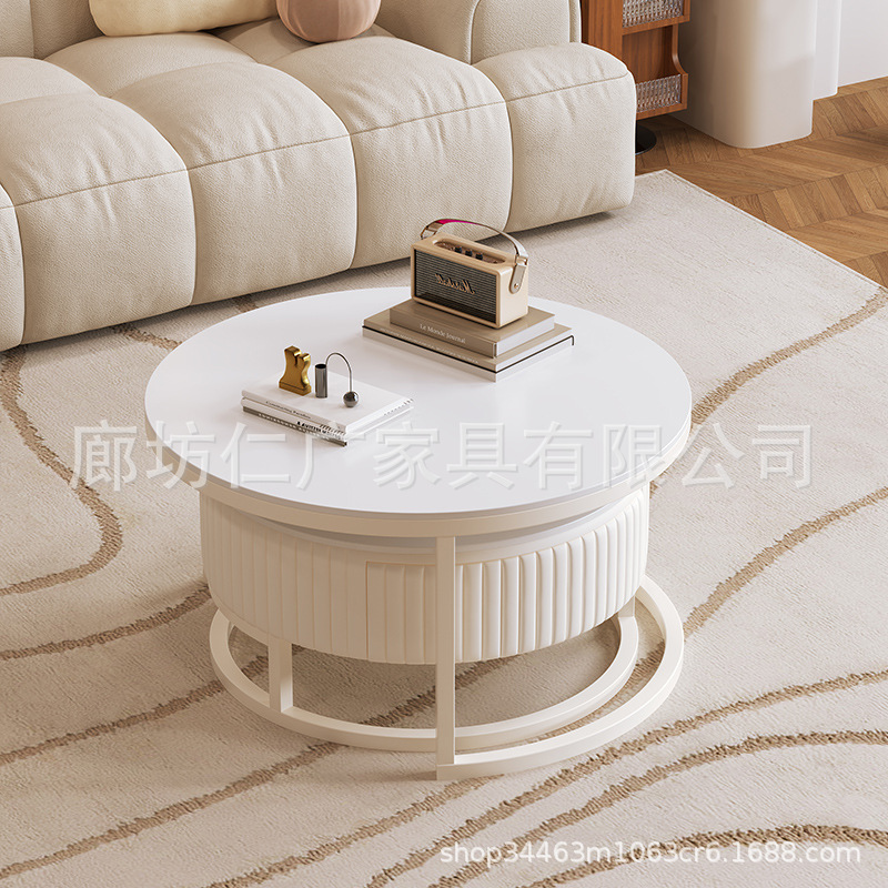 Mesa de centro de pizarra de roca personalizada, sala de estar, hogar, apartamento pequeño, mesa de té moderna de lujo ligero, estilo crema, vidrio redondo, combinación simple