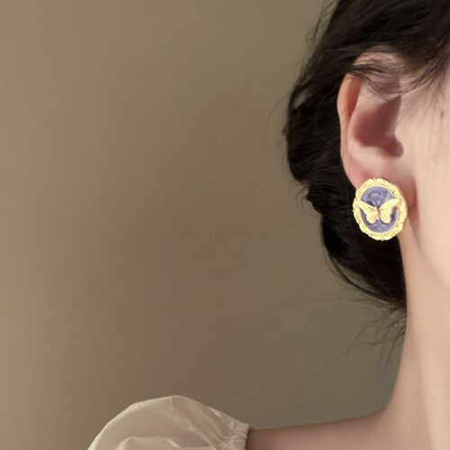 French Retro Butterfly Glaze Metal Earrings Light Luxury Niche Design Temperament Stud Earrings for Women