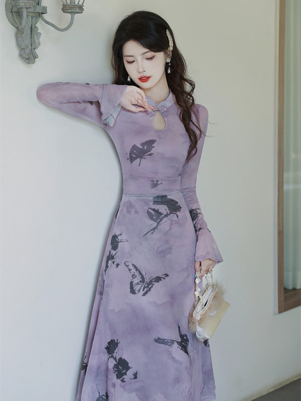 New Chinese Cheongsam Purple Printed dress Women's Summer Pure Desire Spice Girls' Trumpet Long-sleeved Hip-wrap Dress National Style Long Dress
